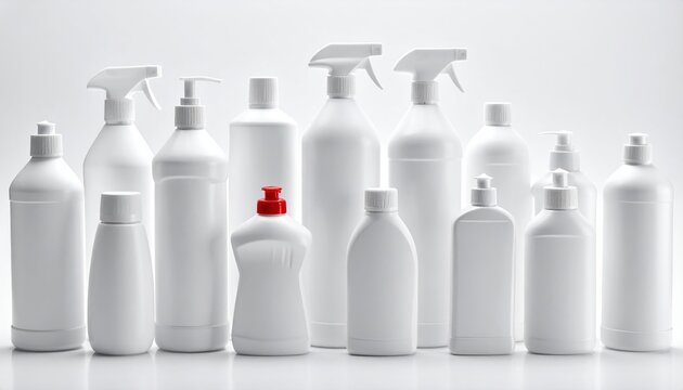 Collection of white plastic cleaning bottles with spray bottles, detergent containers and refill bottles, isolated on white