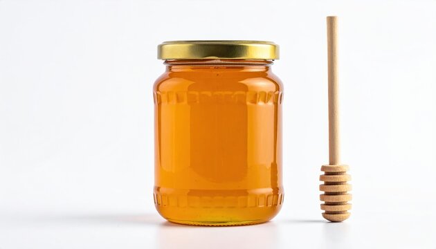 Honey jar with wooden dipper isolated on white background
