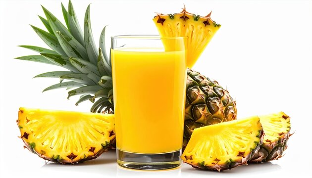 Glass of fresh pineapple juice with pineapple slices, isolated on white background, tropical beverage photography
