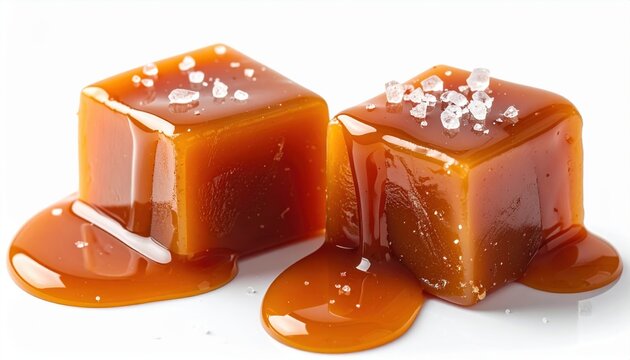 Two salted caramel candy cubes drizzled with caramel sauce and sea salt, isolated on white