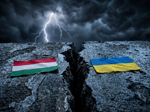 flags of hungary and ukraine against the background of cracked earth and a stormy sky with lightning