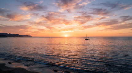 Obraz premium Golden sunset over a calm ocean horizon with soft clouds and gentle waves