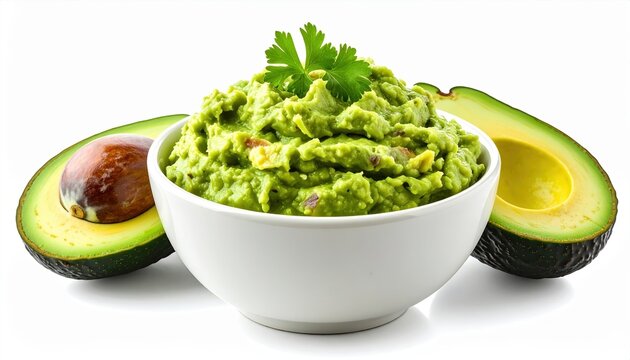 Bowl of guacamole with avocado isolated on white background
