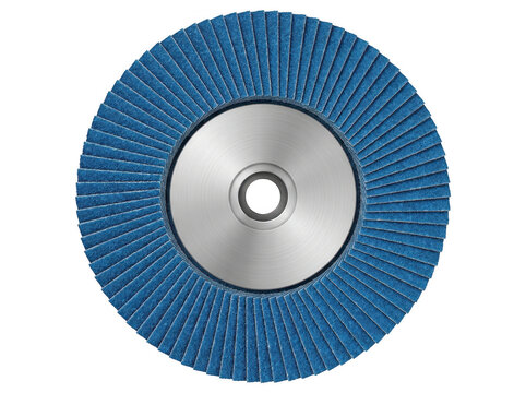 Blue and silver grinding disc with abrasive surface and central hole for mounting.