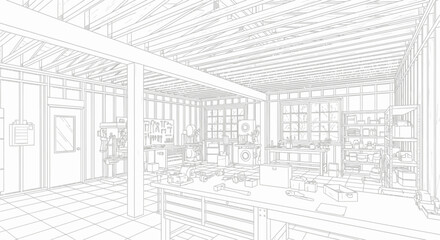 Fototapeta premium Workshop interior blueprint displays a detailed garage layout with workbenches and storage shelving.