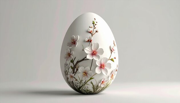 White Easter egg decorated with elegant spring flowers, minimal holiday design