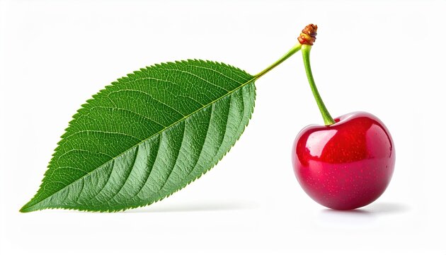 Single ripe cherry with green leaves isolated on white background