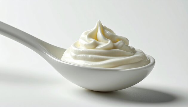 Ceramic spoon filled with creamy Greek yogurt on white background, ultra clean food styling, soft shadow, isolated object, realistic dairy texture, commercial stock image