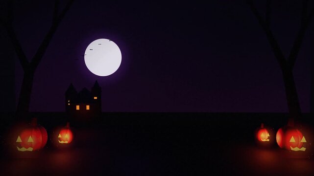 Halloween Haunted House and Pumpkins Under Full Moon