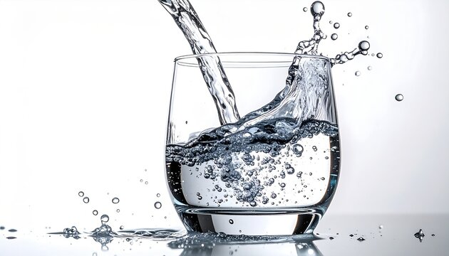 Sparkling water being poured into clear glass isolated on white background, splash effect