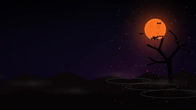 Halloween Orange Moon and Bats with Spooky Bare Tree