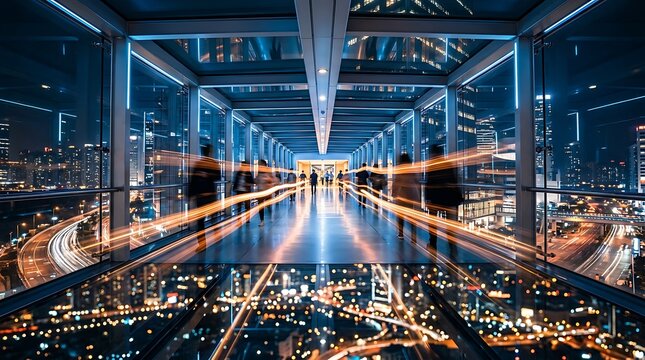 Modern glass skywalk with motion blur of people and city lights at night