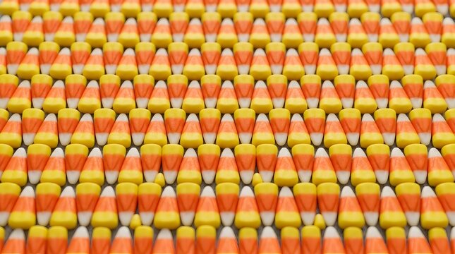 Rows of colorful candy corn arranged in a repeating pattern for a festive halloween background 