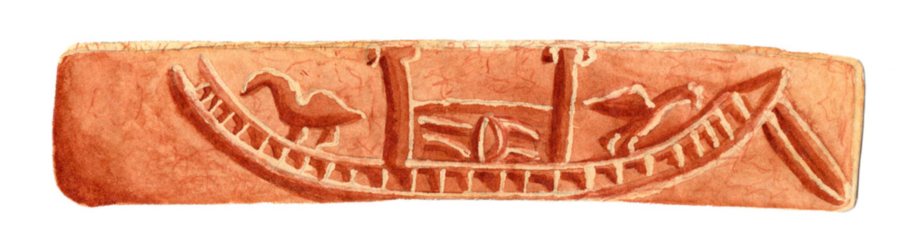 Mohenjo Daro Indus boat depiction from steatite prism seal side, Sindh Pakistan (2500&ndash;1750 BC). Ancient Harappan river vessel with central cabin, steering oar, and birds. Artwork.