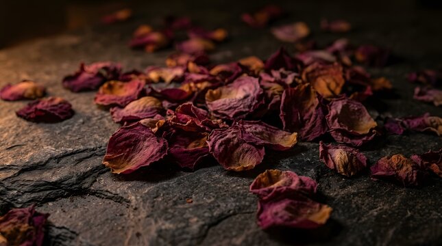 Dried red rose petals scattered on a dark textured stone surface with moody low key lighting 