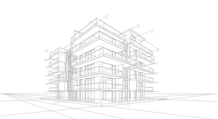 Fototapeta premium Residential building wireframe shows a detailed architectural perspective of a contemporary complex.