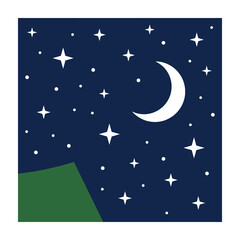 Fototapeta premium Illustration of crescent moon and stars in night sky with green hill