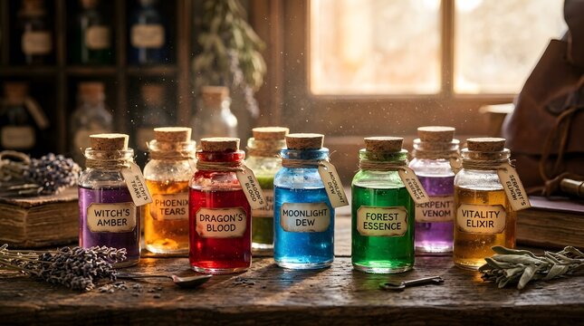 Glass jars filled with colorful liquids and handwritten labels arranged on a rustic wooden table 