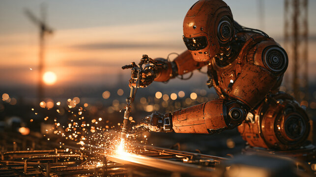Futuristic Autonomous Construction Robot Welding Steel at Sunset Site