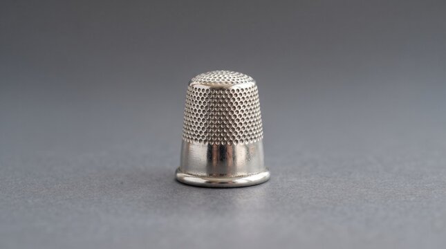 Metallic thimble with dimpled texture surface placed centered on dark gray surface studio shot