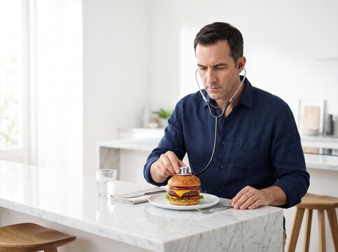 Man using stethoscope to examine a cheeseburger in a bright kitchen