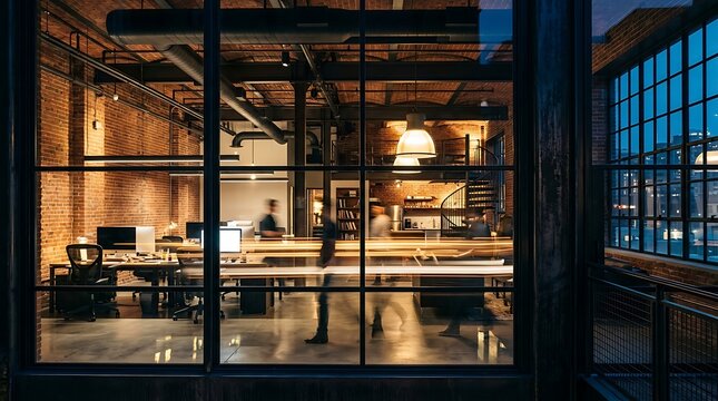 Modern industrial office interior with blurred employees working late at night