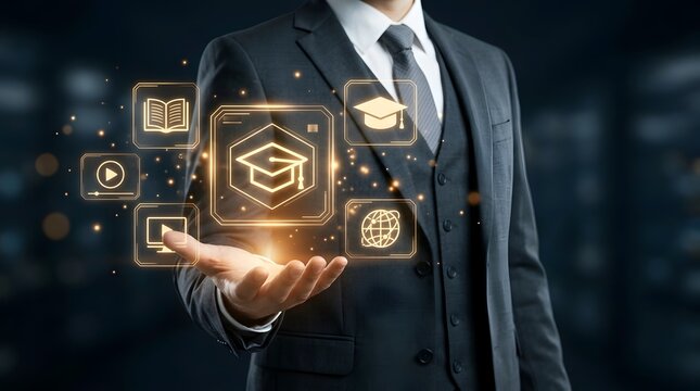 Businessman holding glowing futuristic icons representing digital online education, global e-learning systems, and modern virtual training interface in professional business environment.