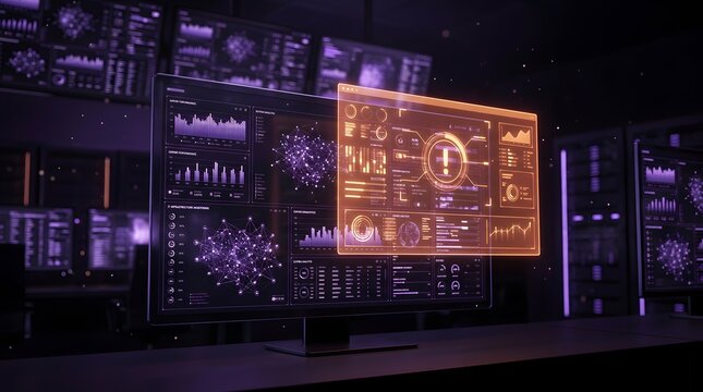 Futuristic high-end server room monitor displaying complex data analytics network nodes and glowing orange warning pop-up interface in a dark technology control center environment.