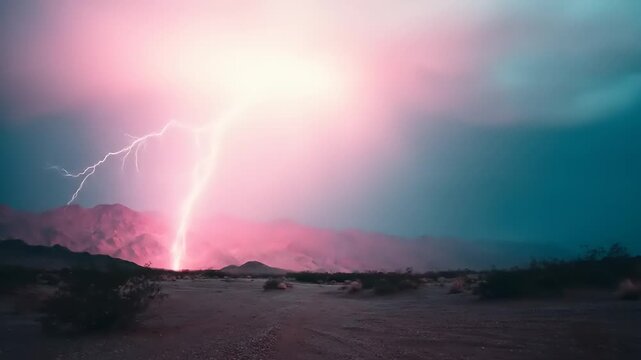 Intense bolt of electrical discharge striking barren landscape during twilight