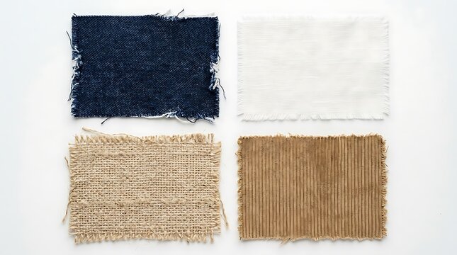 Four different fabric swatches including denim, white linen, burlap, and corduroy isolated on white background