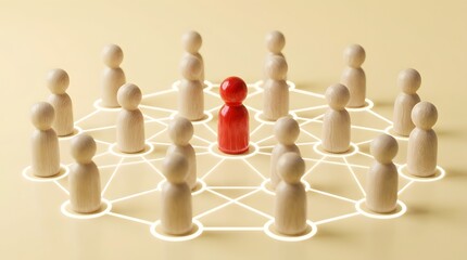 Obraz premium Sophisticated corporate leadership concept with a central red wooden figure connected to a network of natural wooden peg dolls on a beige background, symbolizing teamwork and connectivity.