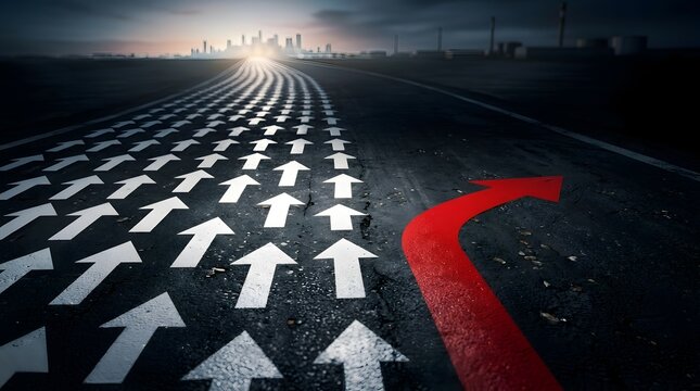 Conceptual business path showing a red arrow diverging from white arrows toward a distant city skyline, representing unique leadership and strategic choice.