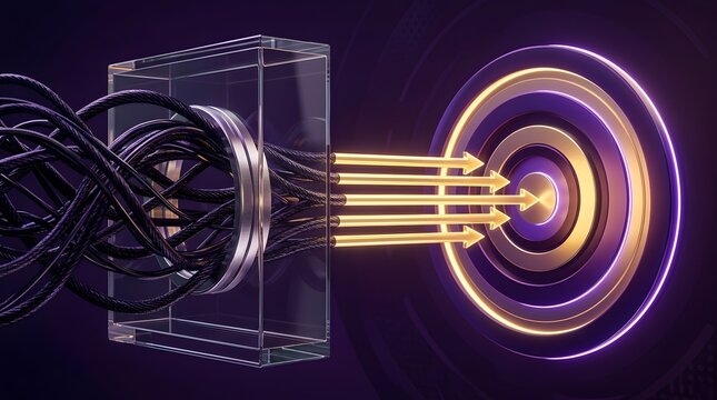 Futuristic concept of data transformation and precision showing messy cables emerging as glowing golden arrows hitting a target on a dark purple background for business and tech visuals.
