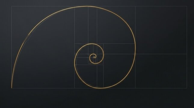 Golden ratio spiral diagram on dark background with grid line layout. Abstract 3D rendering depicting the golden ratio spiral with thin grid lines on a dark background.
