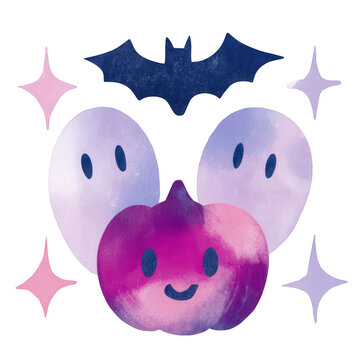 Watercolor cartoon apple character with bat wings and smiling face for seasonal holiday design