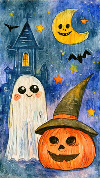 Cute watercolor Halloween background with funny ghost smiling jack o lantern pumpkin with witch hat dark castle full moon and bats starry night illustration poster vertical invitation card design