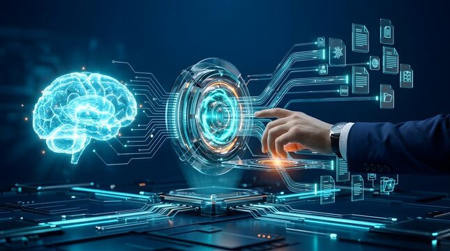 Modern 3D visualization of artificial intelligence with glowing digital brain and document data interface being operated by a businessman hand in a futuristic high-tech environment.