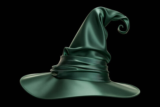 Green leather witch hat with curled tip and wide brim