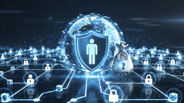 Global Financial Security: Protected Person Icon on Earth with Locked Money Bag and Digital Network