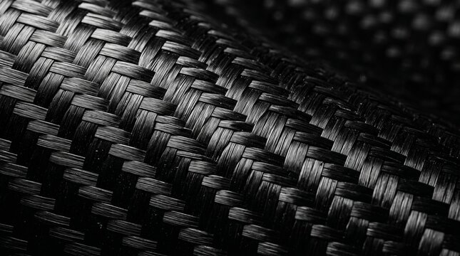 Black carbon fiber weave texture surface close up. Close up shot of dark black carbon fiber composite material with woven twill pattern texture. High tech modern industrial background featuring shiny 