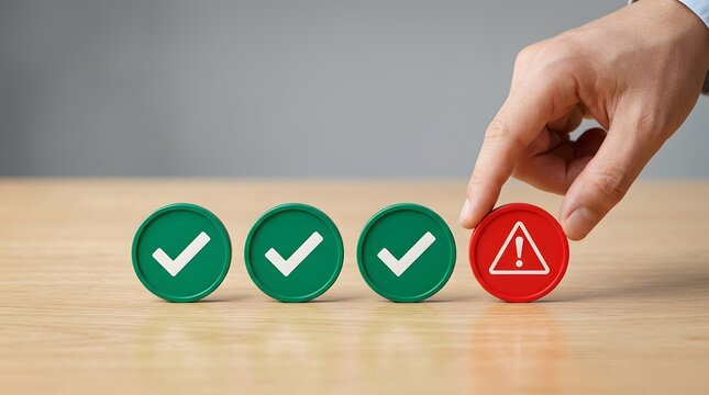 Hand reaching for red warning icon beside three green checkmarks on wooden table. Minimalist photorealistic concept for risk management, quality control, and error assessment.