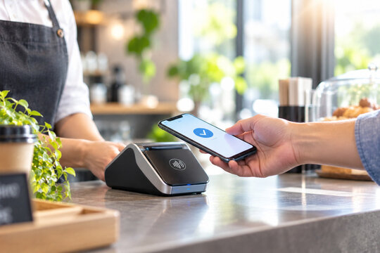Customer making contactless mobile payment at cafe