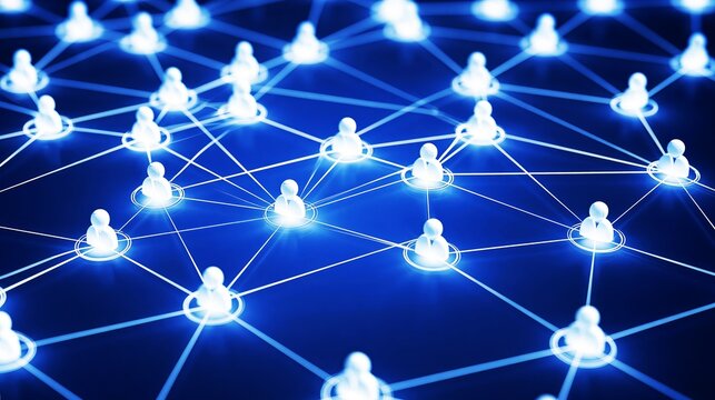 Glowing blue social network graphic featuring connected human icons arranged in a complex digital structure representing global communication and connectivity