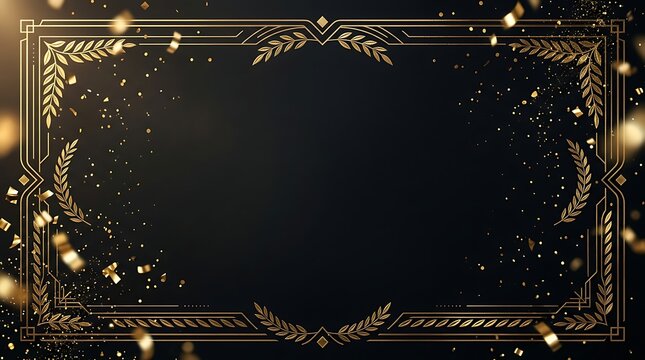 Art deco gold frame on black background, elegant golden border with laurel leaves, luxury award certificate template with falling confetti