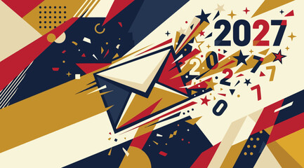 Obraz premium 2027 happy new year conceptual design featuring an envelope bursting with festive numbers and stars in a dynamic geometric style