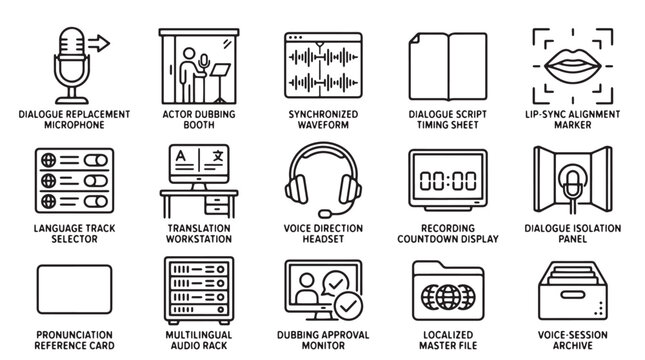 Voice dubbing and localization icons, 15 professional audio translation vector elements, film post-production equipment symbols