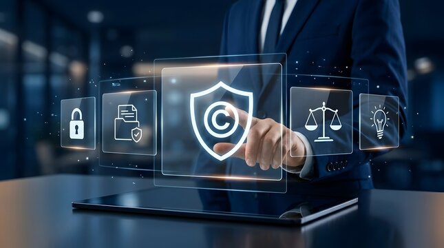 Businessman interacting with futuristic digital hologram interface showing copyright protection, intellectual property, legal security, and innovation icons on a tablet in a modern office.