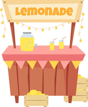 Lemonade stand with a dispenser, glasses, and crates of fresh lemons