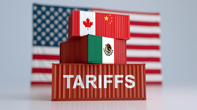 International trade tariffs concept featuring stacked shipping cargo containers with flags of North America and Asia against a national flag