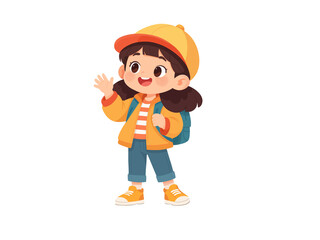 Little School Girl Waving Hi Flat Illustration © Nowshinz